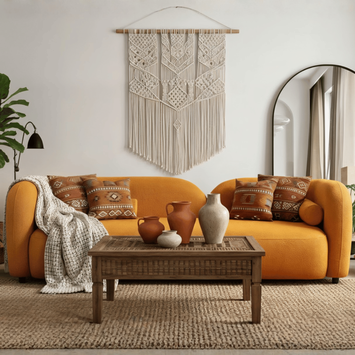 Yellow sofa with decorative pillows in a living room setting with a macrame wall hanging.