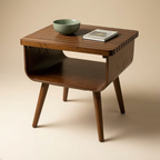 Wooden side table with a bowl and book on a beige background