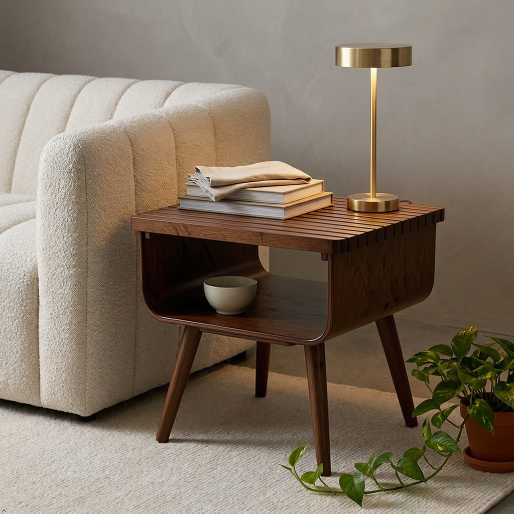Wooden side table with books and a lamp next to a beige sofa in a living room setting.