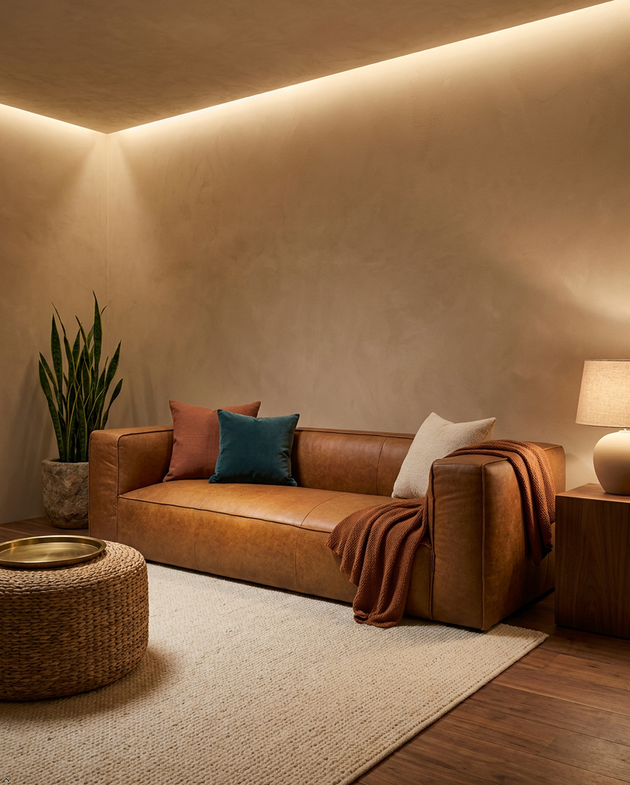 Cozy living room with a brown leather sofa, decorative pillows, and a lamp.