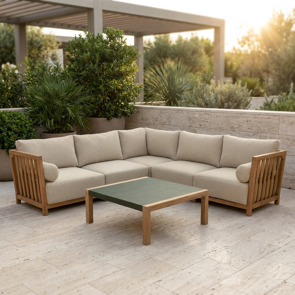 Beige outdoor sectional sofa with wooden armrests and a green coffee table on a patio.