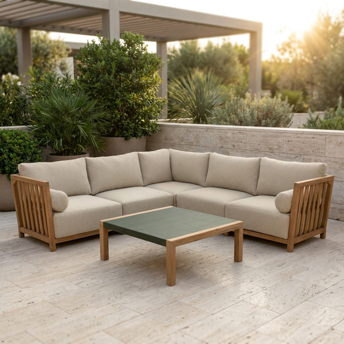 Beige outdoor sectional sofa with wooden armrests and a green coffee table on a patio.