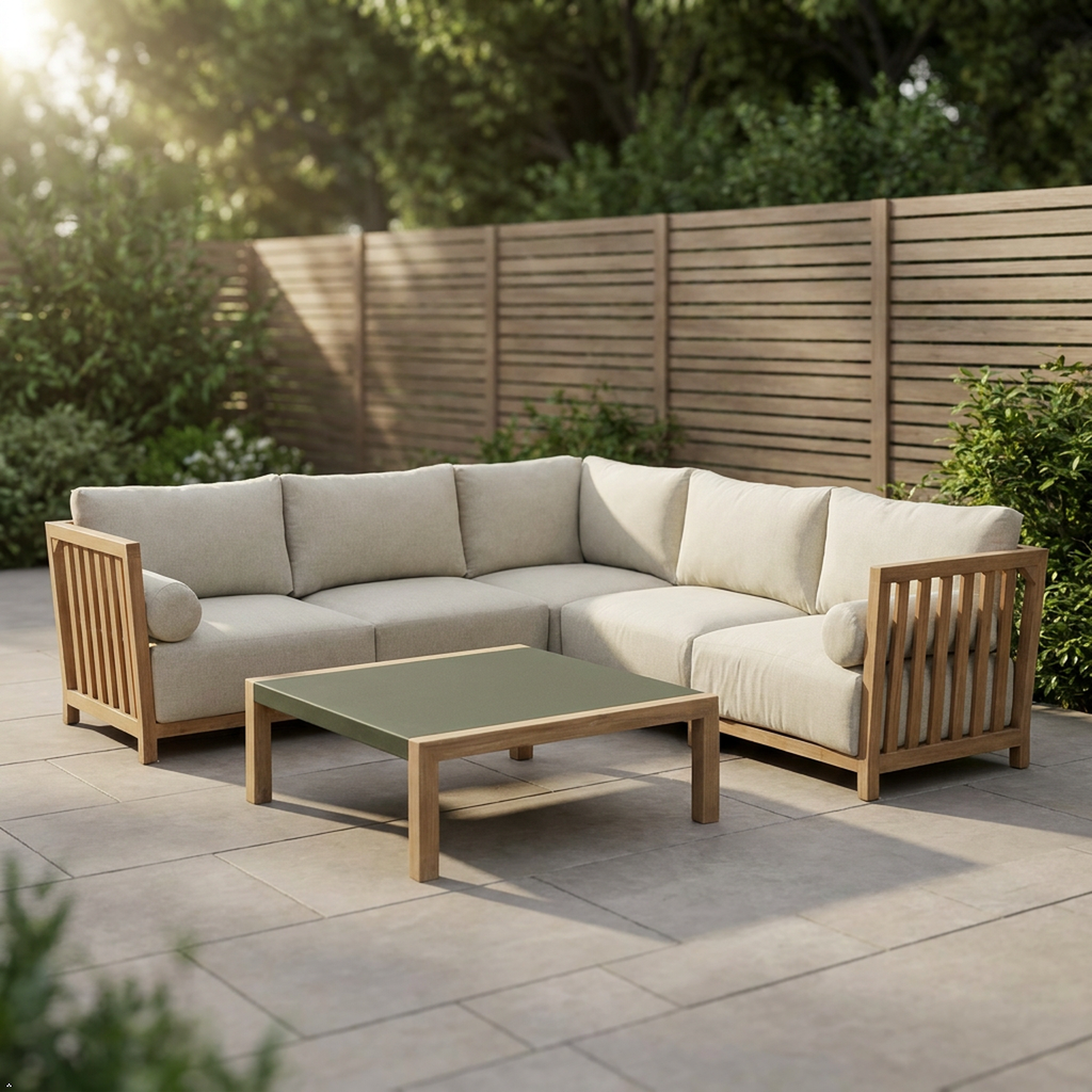 Outdoor patio set with sectional sofa and coffee table on a paved area with greenery.