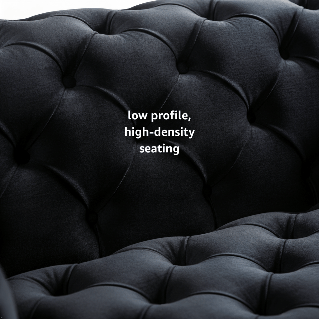 Dark gray tufted seating with text 'low profile, high-density seating'.