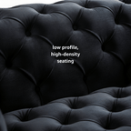 Dark gray tufted seating with text 'low profile, high-density seating'.