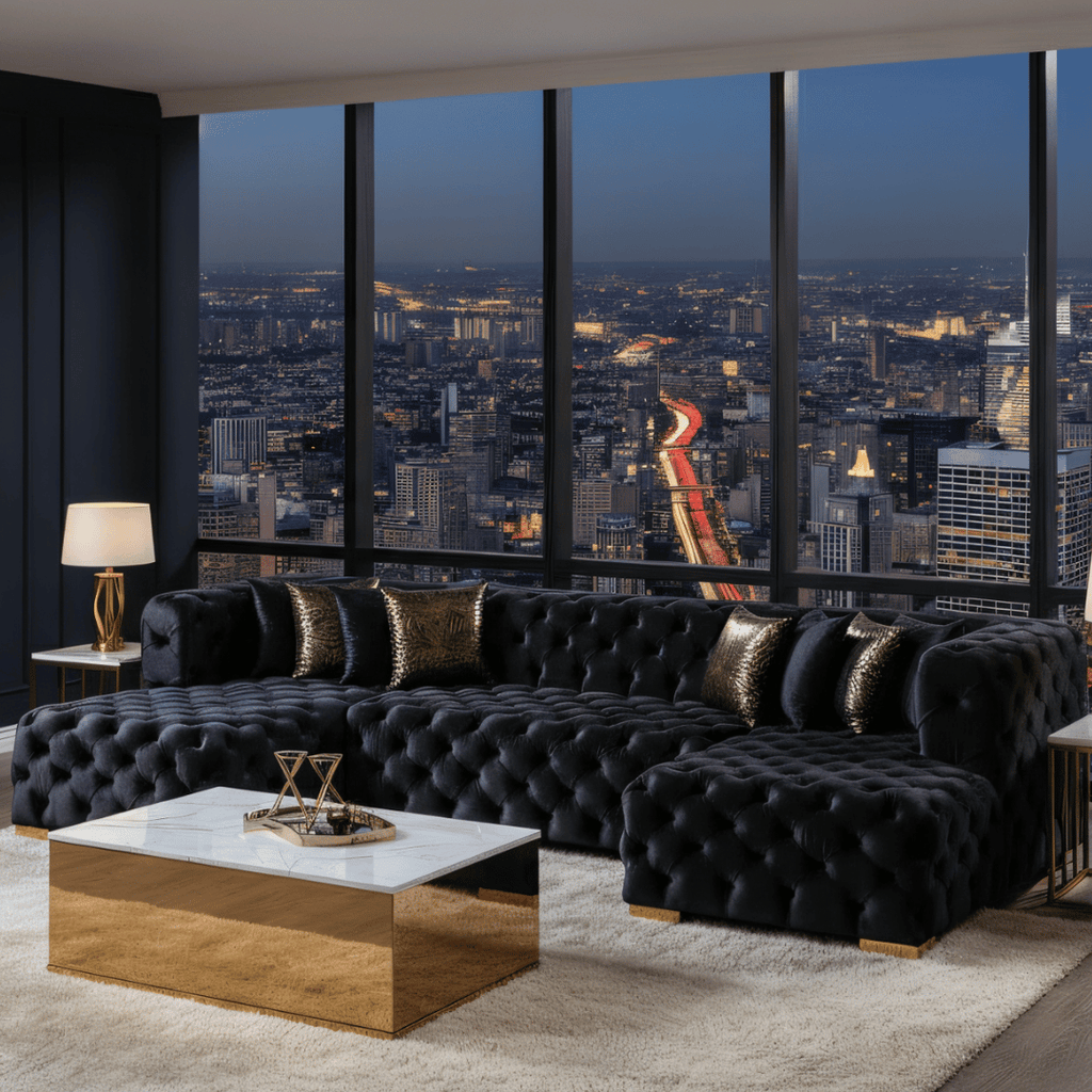 Luxury living room with a black tufted sofa and gold coffee table, overlooking a cityscape at night.
