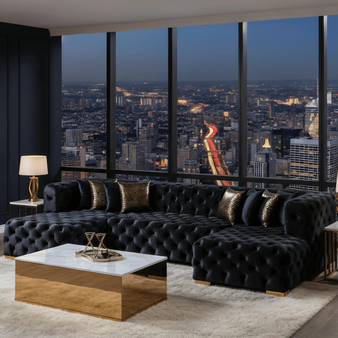 Luxury living room with a black tufted sofa and gold coffee table, overlooking a cityscape at night.