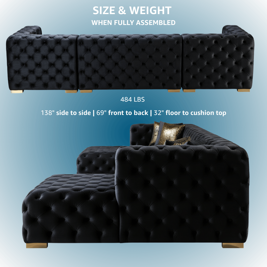 Black tufted sofa set with assembly dimensions and weight on a blue gradient background