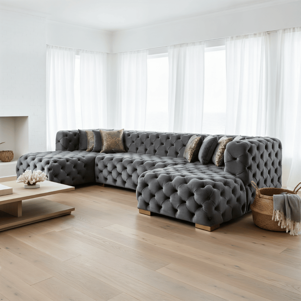 Gray tufted sectional sofa in a modern living room with large windows.