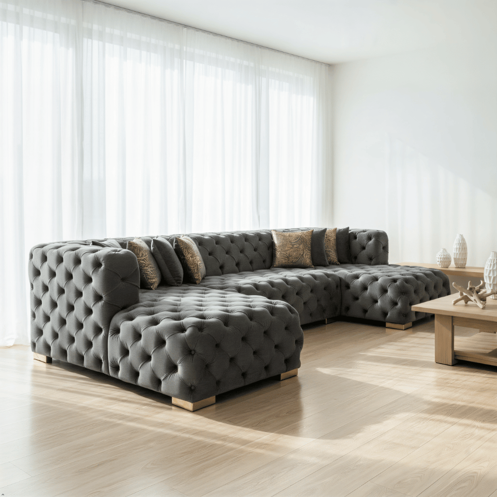 Gray tufted sectional sofa in a modern living room with large windows.