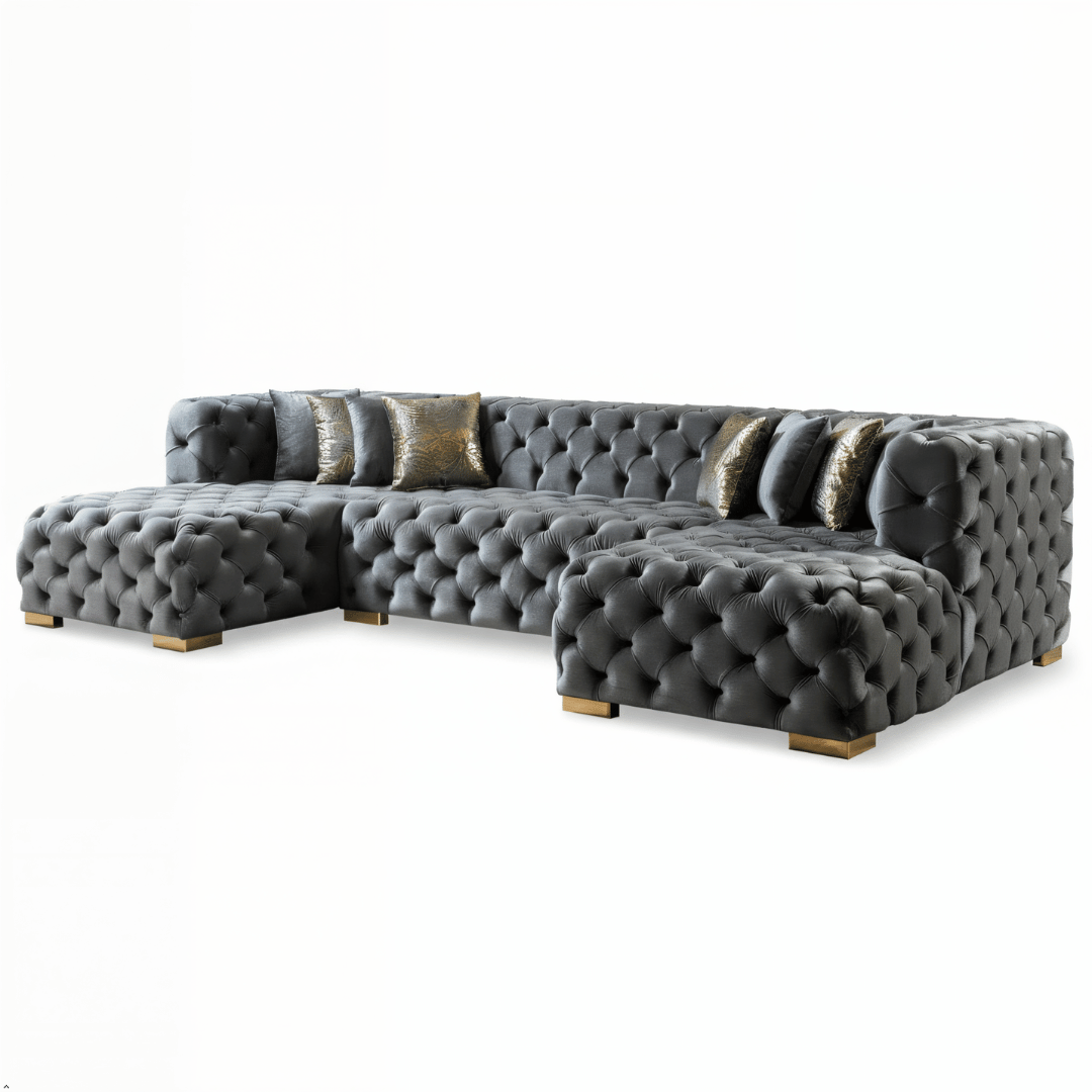 Gray tufted sectional sofa on a white background