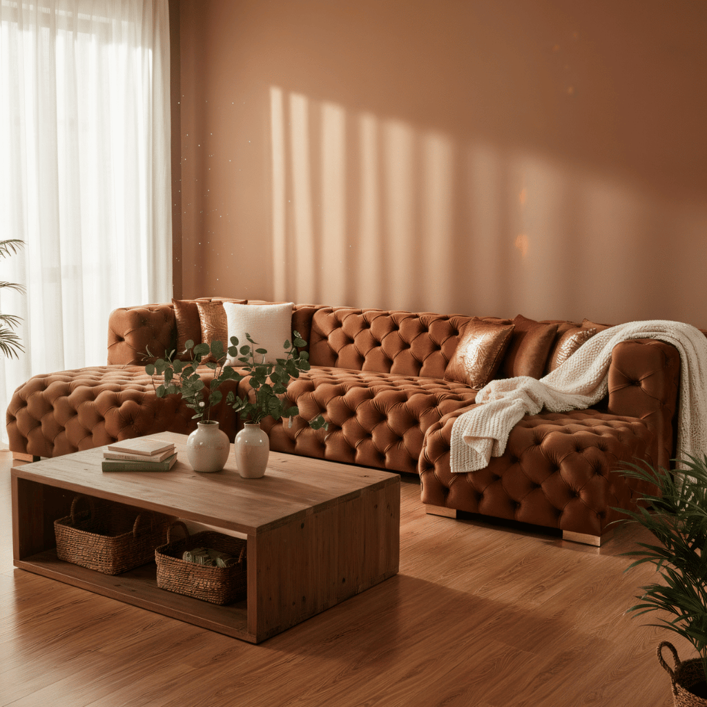 Brown sectional sofa in a living room with a wooden coffee table and decorative items.