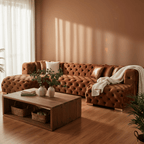 Brown sectional sofa in a living room with a wooden coffee table and decorative items.
