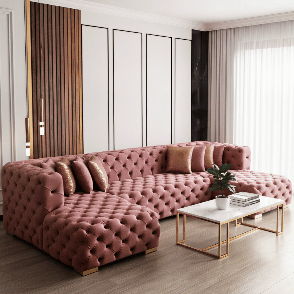 Pink tufted sofa in a modern living room with a coffee table and decorative items.