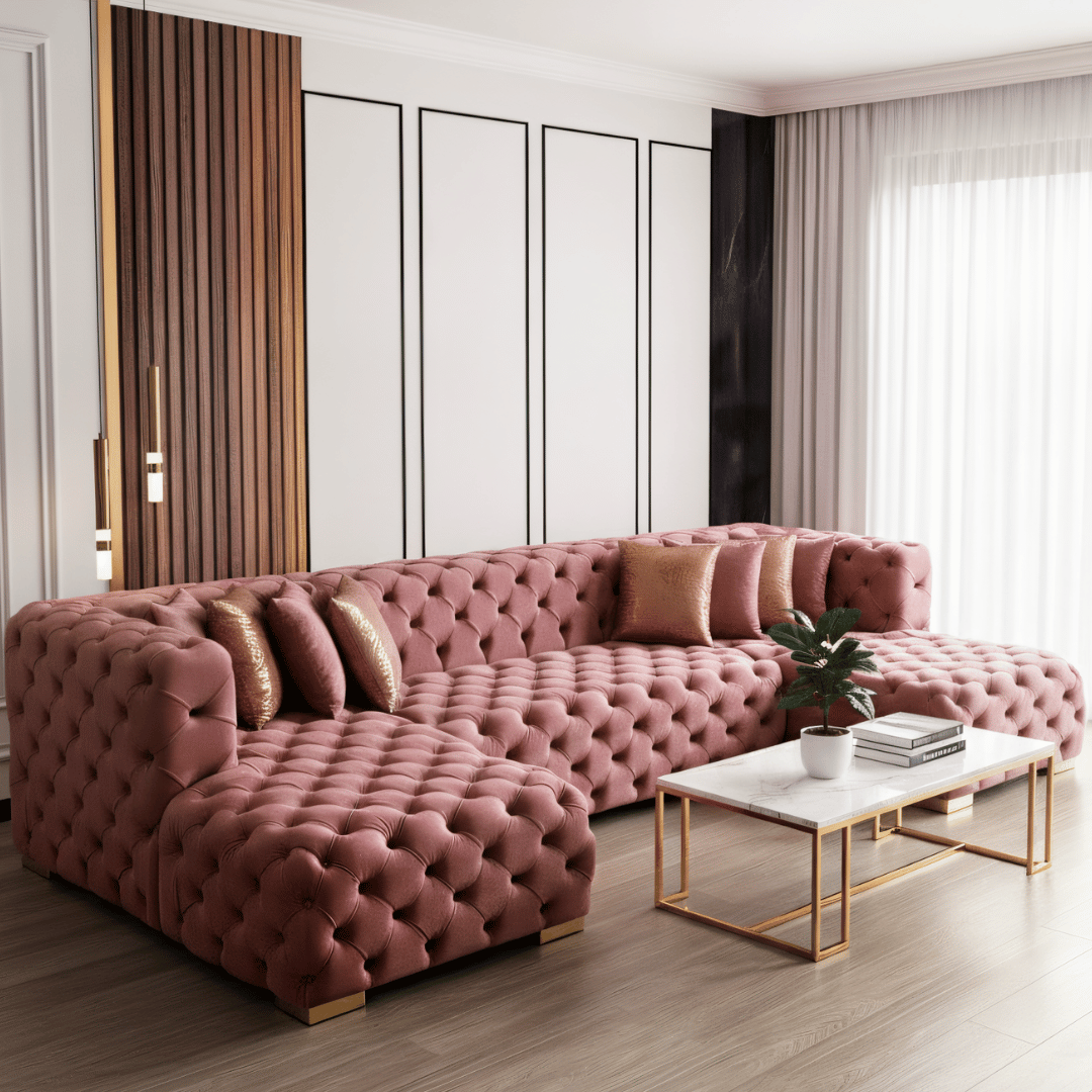 Pink tufted sofa in a modern living room with a coffee table and decorative items.