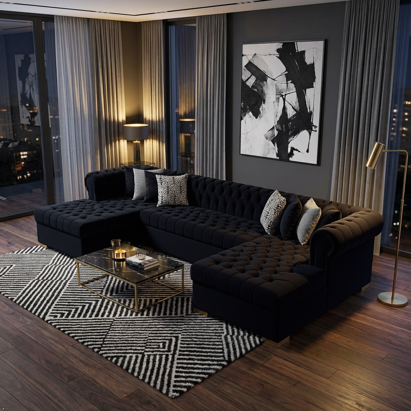 Modern living room with a black sectional sofa, glass coffee table, and abstract art on the wall.