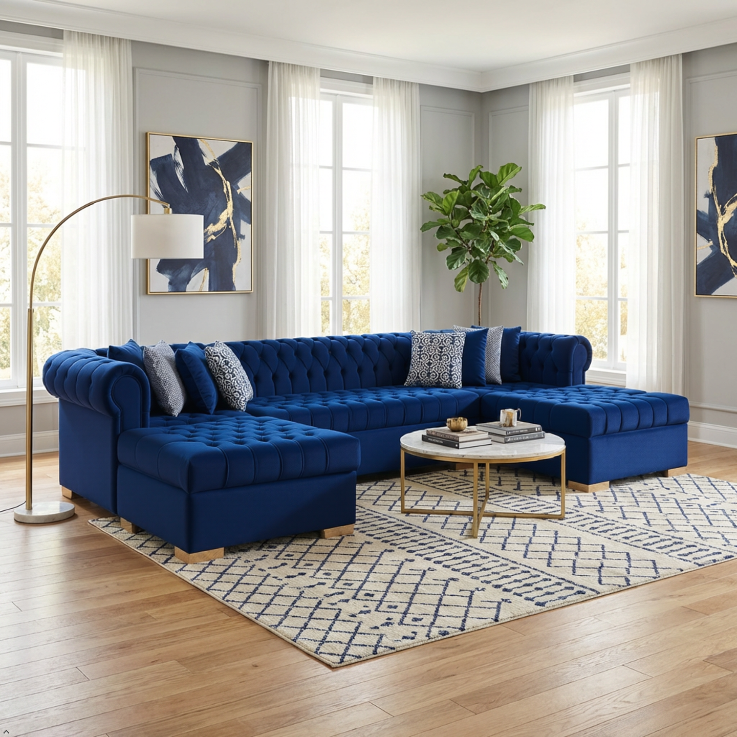 Blue tufted sectional sofa in a living room with a rug, coffee table, and decorative elements.