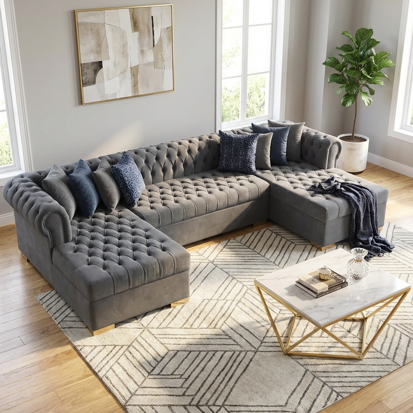 Gray sectional sofa in a living room with a coffee table and decorative items.
