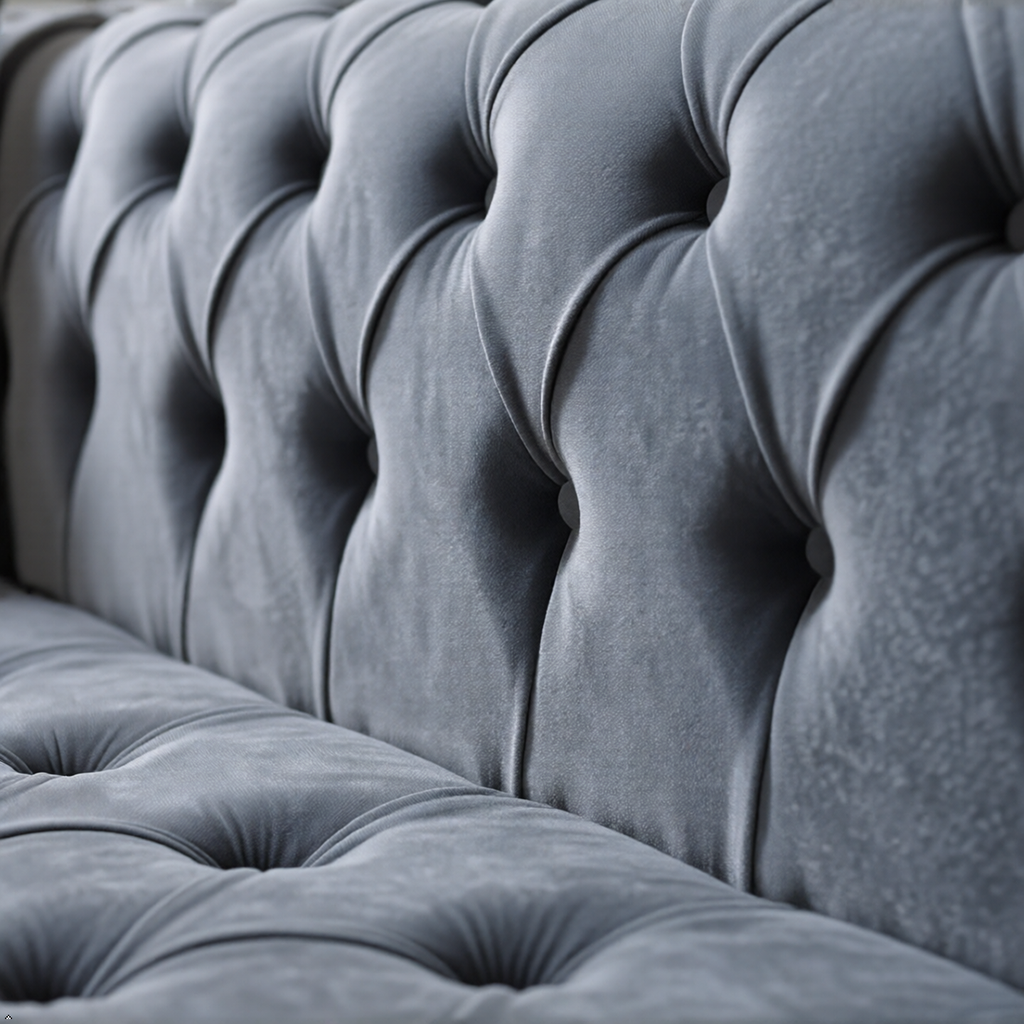 Close-up of a gray tufted sofa
