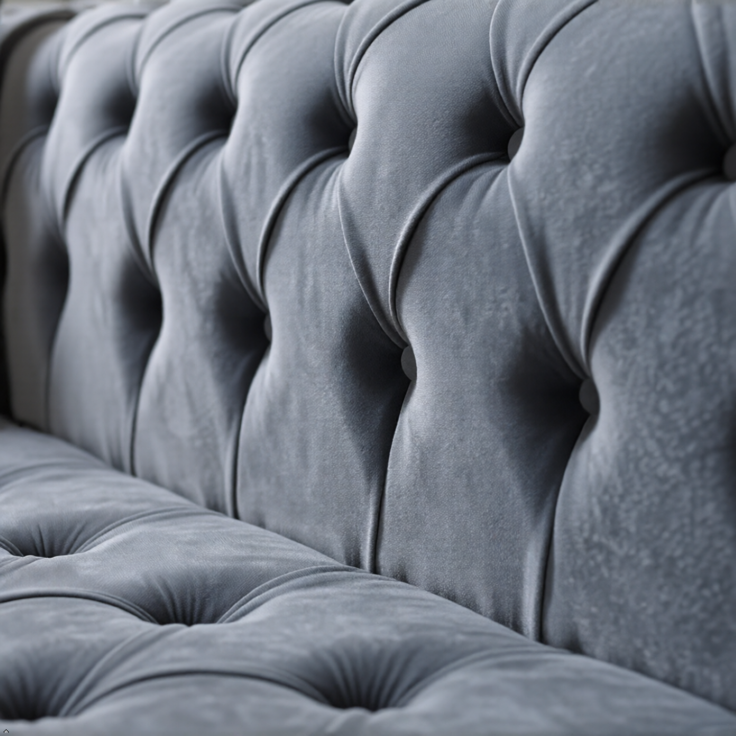 Close-up of a gray tufted sofa