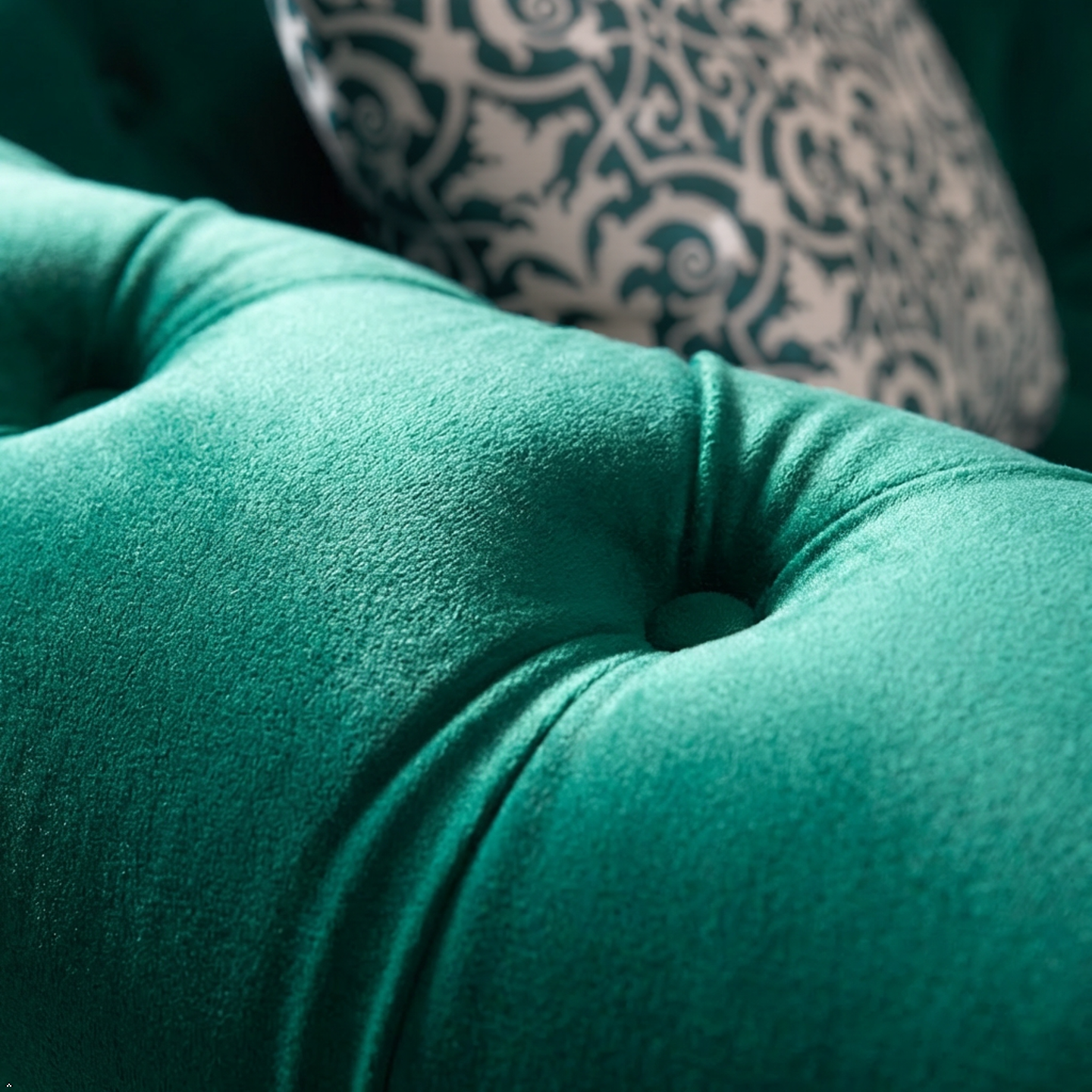 Close-up of a green cushion with a patterned pillow in the background