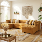 Cozy living room with a mustard yellow sectional sofa, wooden coffee table, and decorative elements.