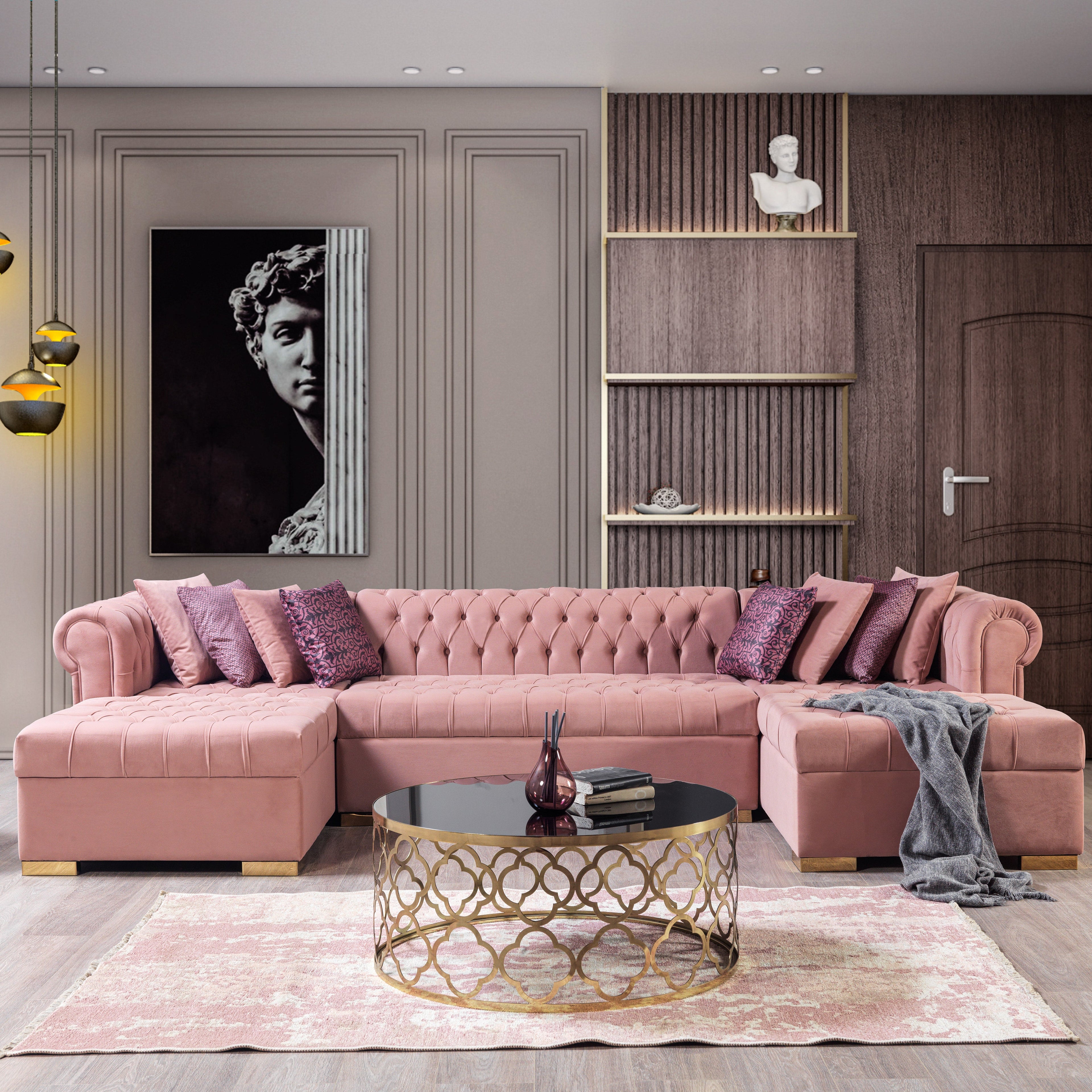 Pink sectional sofa in a stylish living room with decor elements.