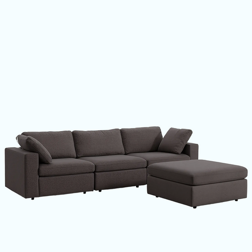 Brown sectional sofa with ottoman on a white background