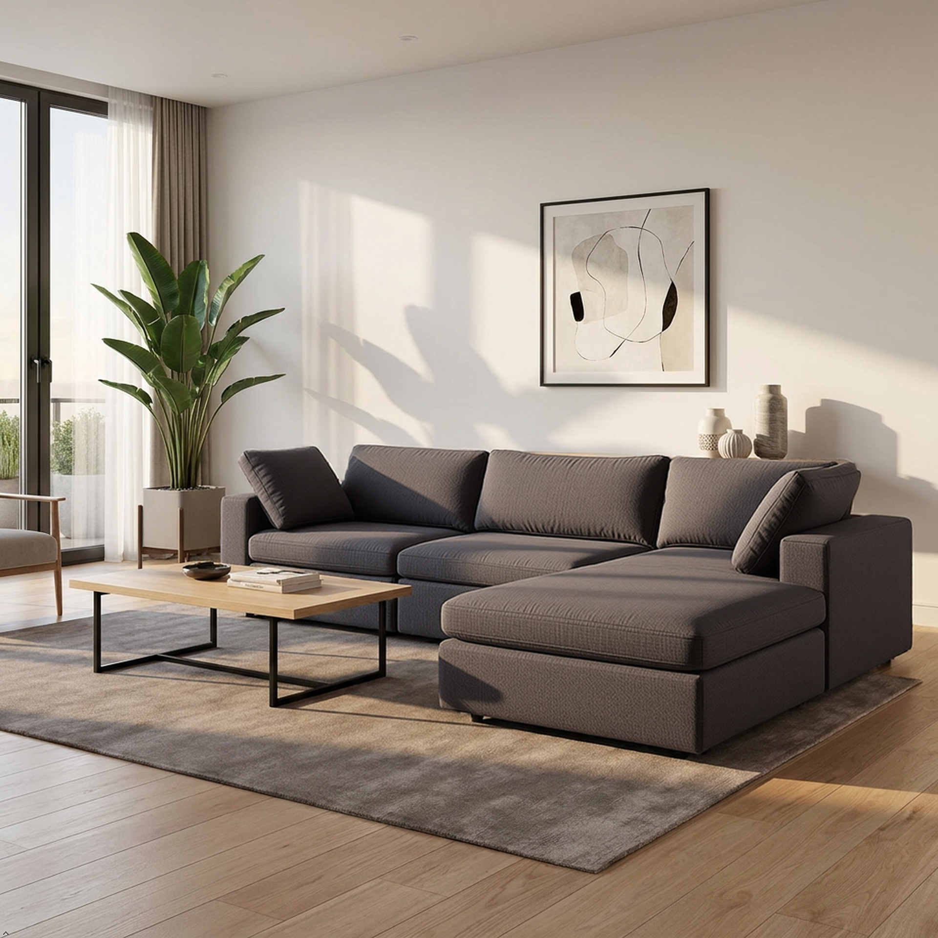 Modern living room with a gray sectional sofa, coffee table, and decorative elements.