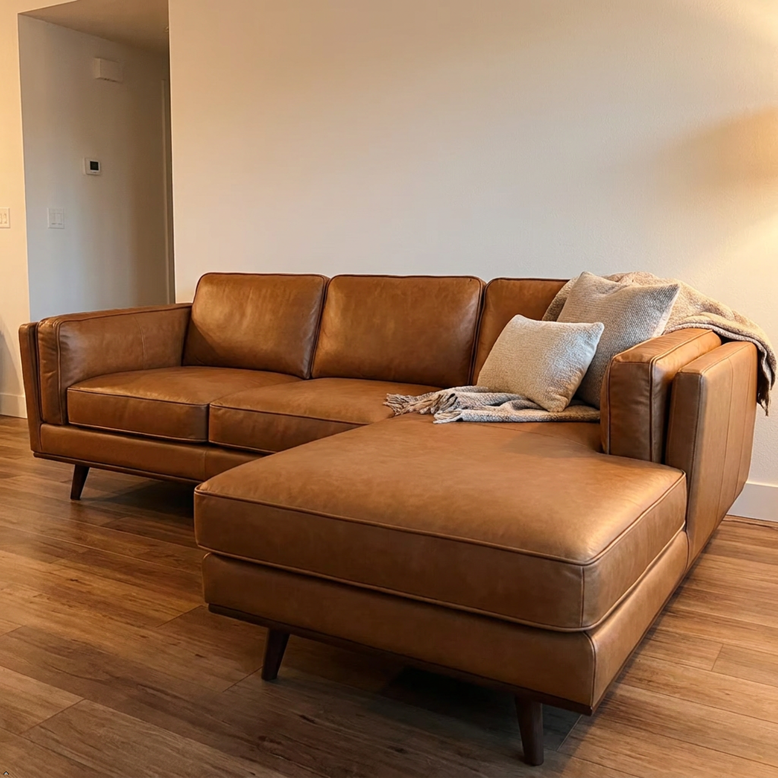 A mid-century modern L-shaped sectional sofa upholstered in warm brown leather, shown in a living room setting with a wood floor and neutral-colored walls. The sofa is styled with two throw pillows and a light gray throw blanket.