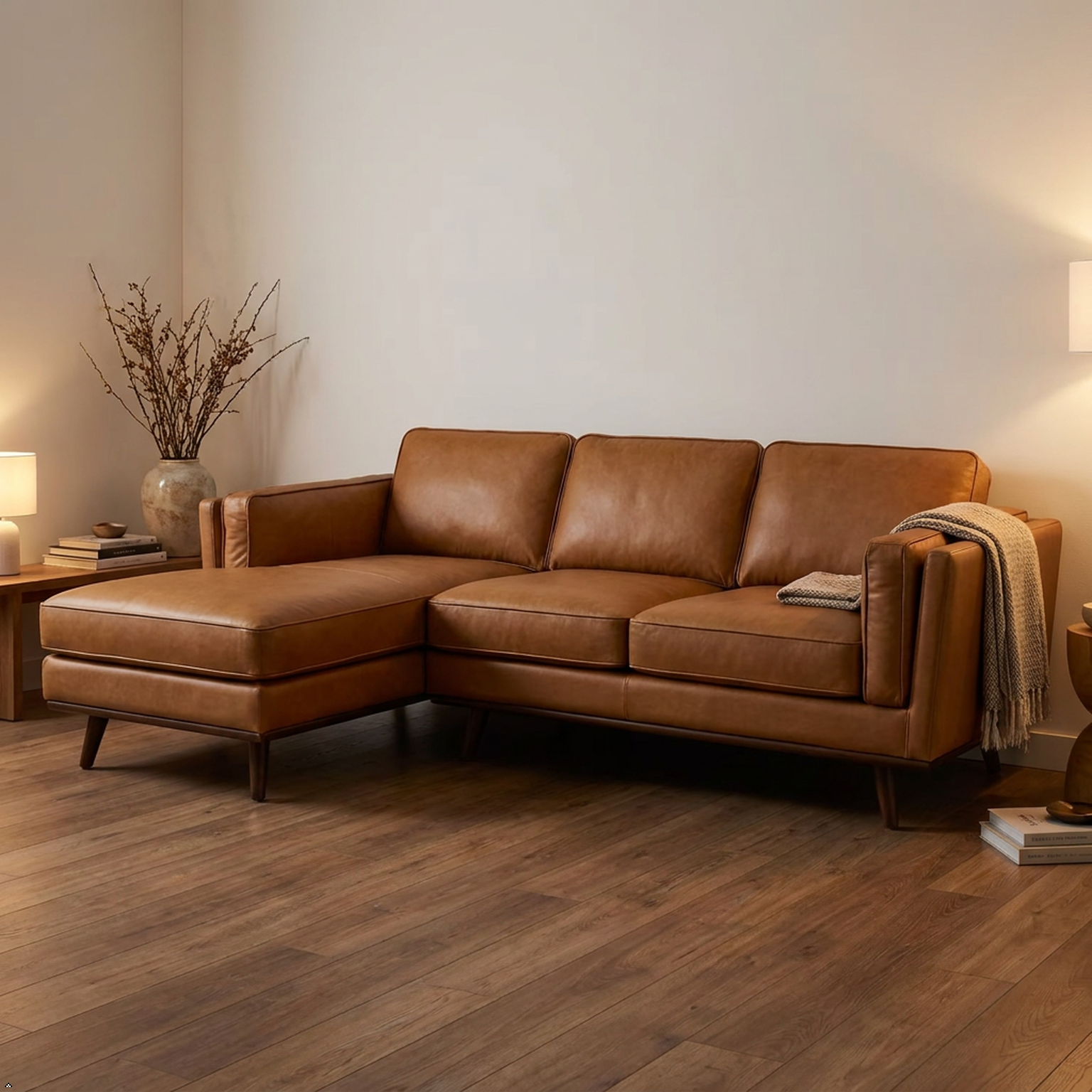 A modern L-shaped sectional sofa upholstered in warm brown leather, styled in a minimalist living room with a wood floor, side tables, and warm ambient lighting.