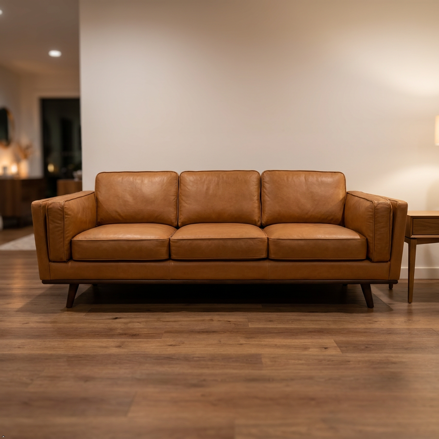 A mid-century modern three-seater sofa upholstered in warm tan leather, set against a minimalist beige wall and dark wood flooring.
