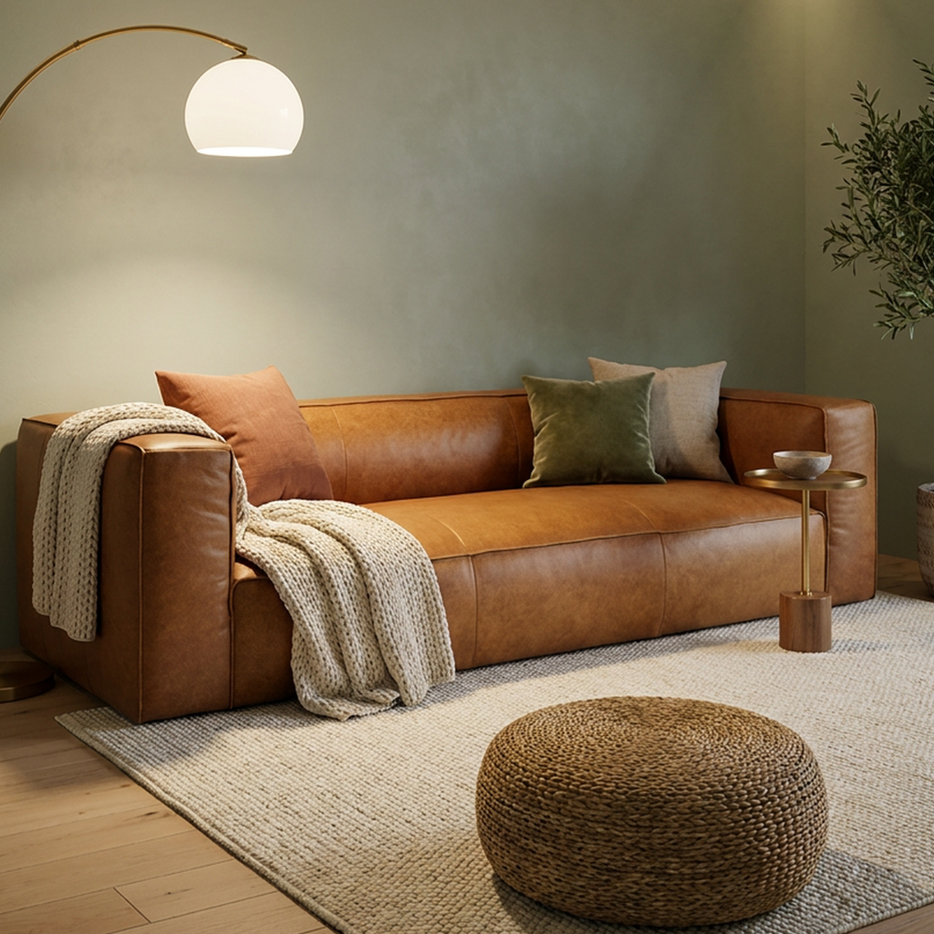 Cozy living room with a brown leather sofa, ottoman, and floor lamp.