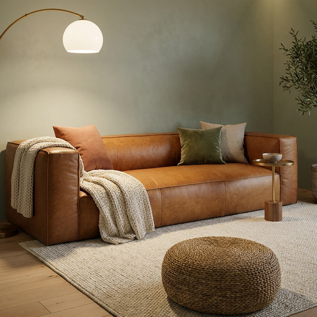 Cozy living room with a brown leather sofa, ottoman, and floor lamp.
