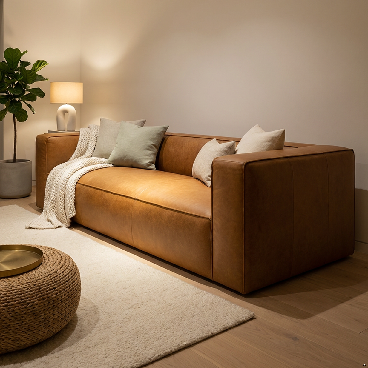 Brown sofa in a modern living room with a lamp and plant.