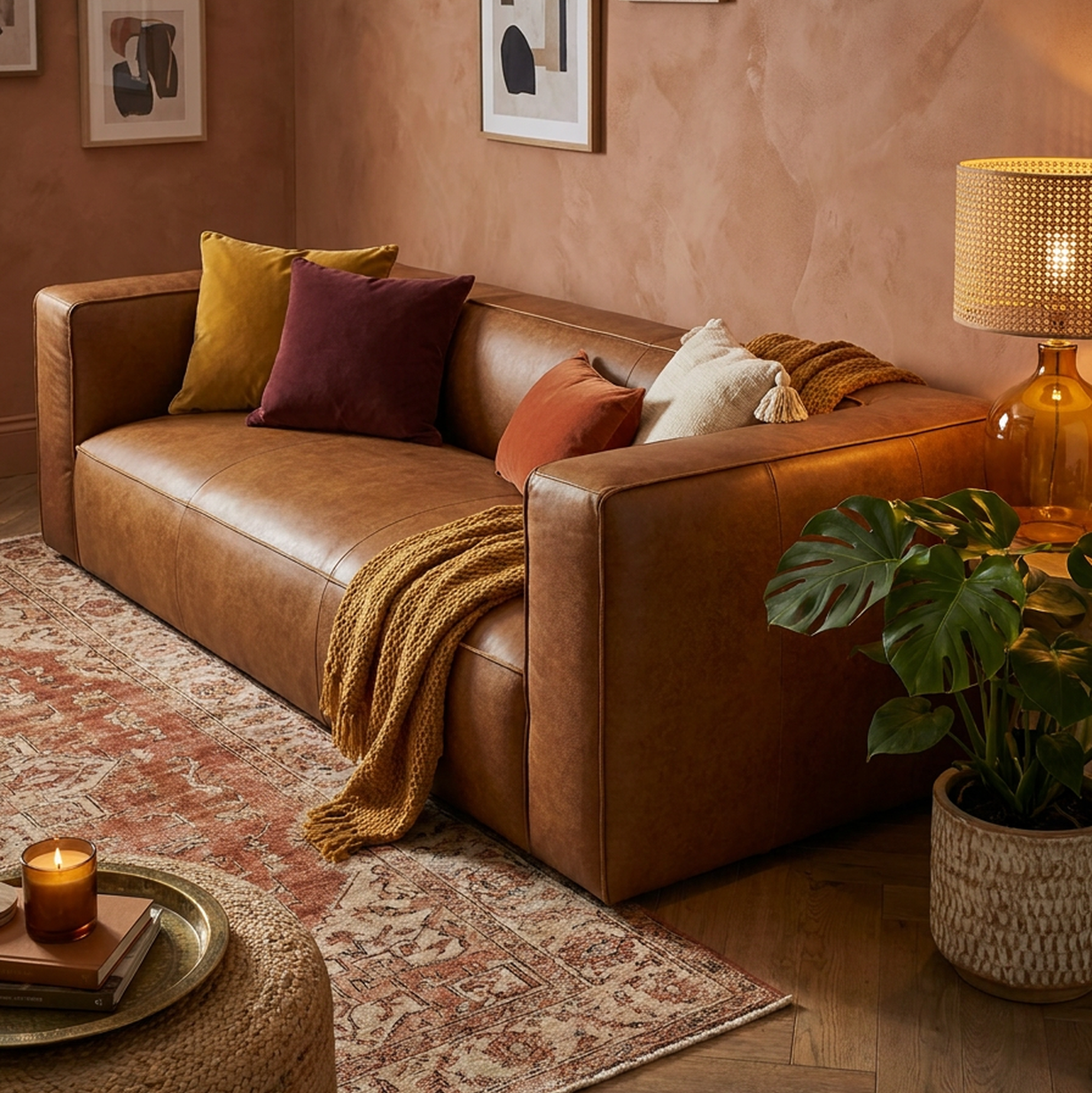 Cozy living room with a brown leather sofa, cushions, and a lamp.