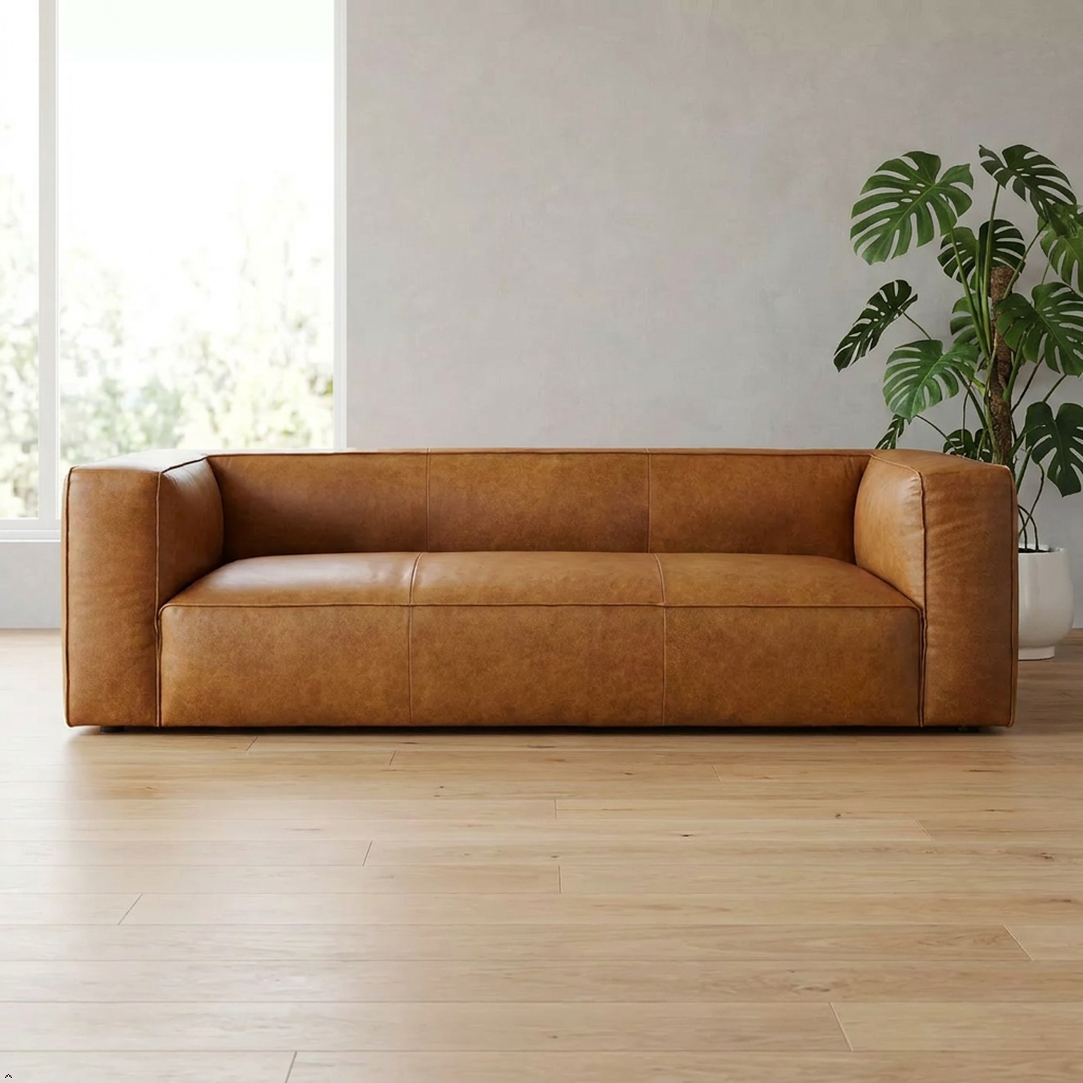 Brown leather sofa in a room with a plant and window