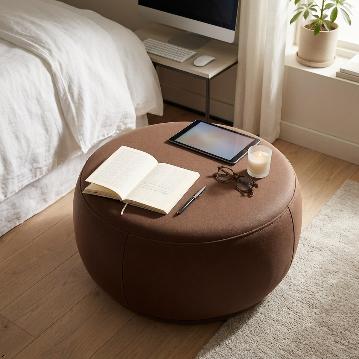 Round brown ottoman with a tablet, book, pen, and candle on top in a bedroom setting.