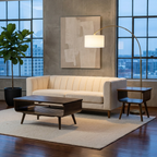 Modern living room with beige sofa, wooden coffee table, and floor lamp in front of large windows.