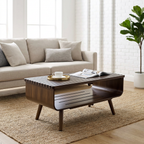 Modern living room with a wooden coffee table, beige sofa, and decorative items.