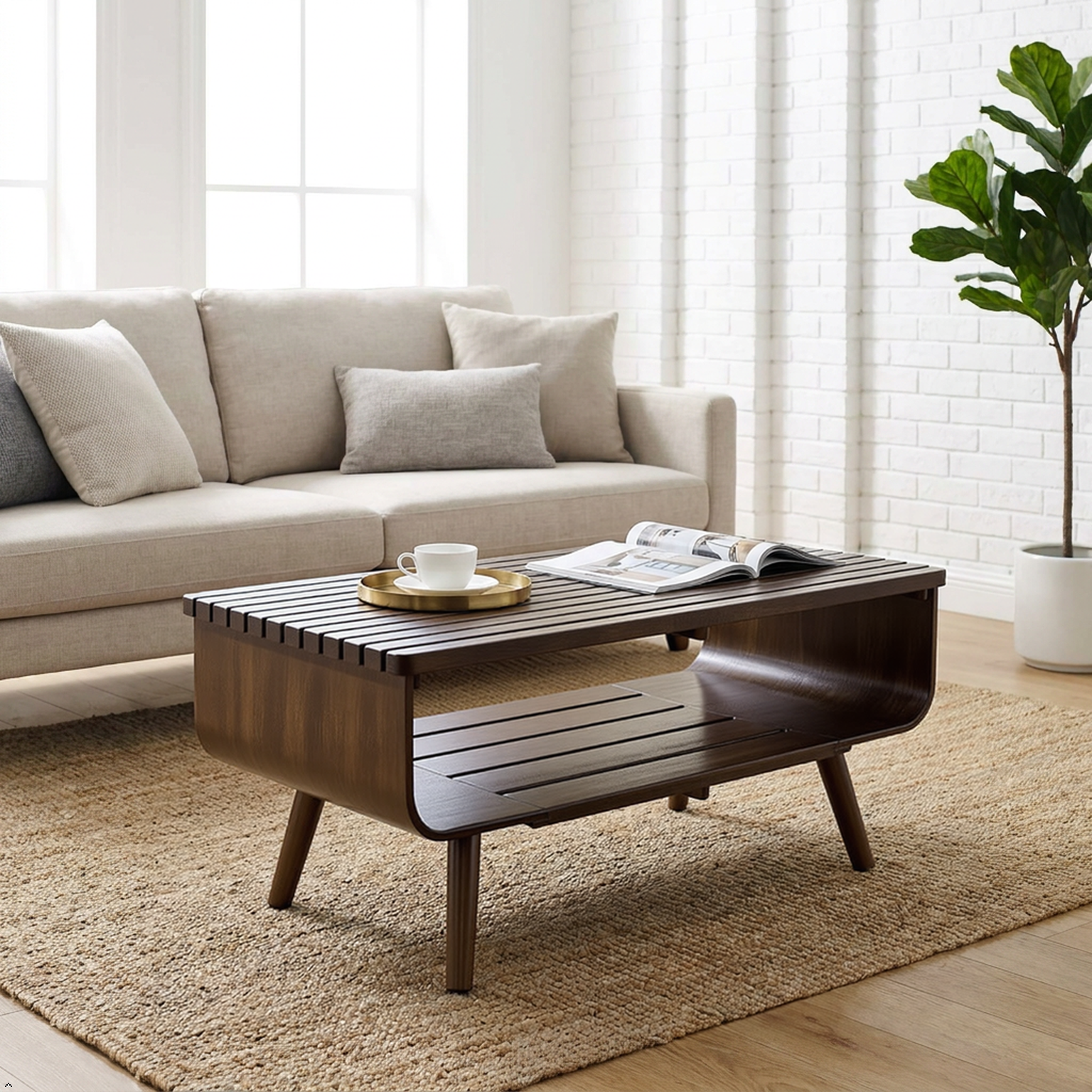 Modern living room with a wooden coffee table, beige sofa, and decorative items.