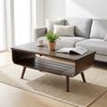 Wooden coffee table with a book and plant in a living room setting