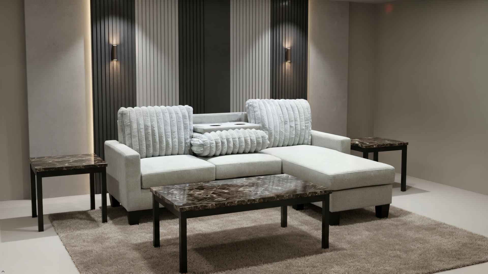 Modern living room with a gray sectional sofa, coffee table, and side tables.