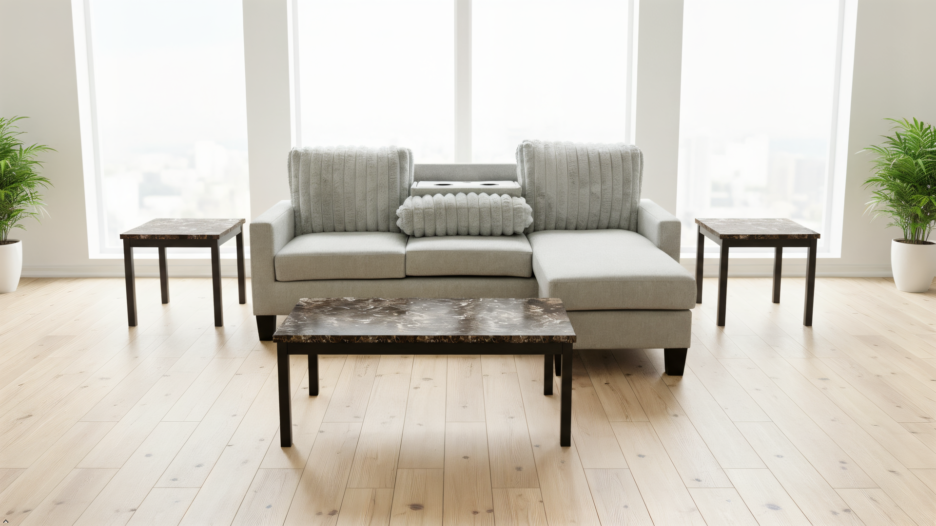 Modern living room with a gray sectional sofa, coffee table, and side tables.