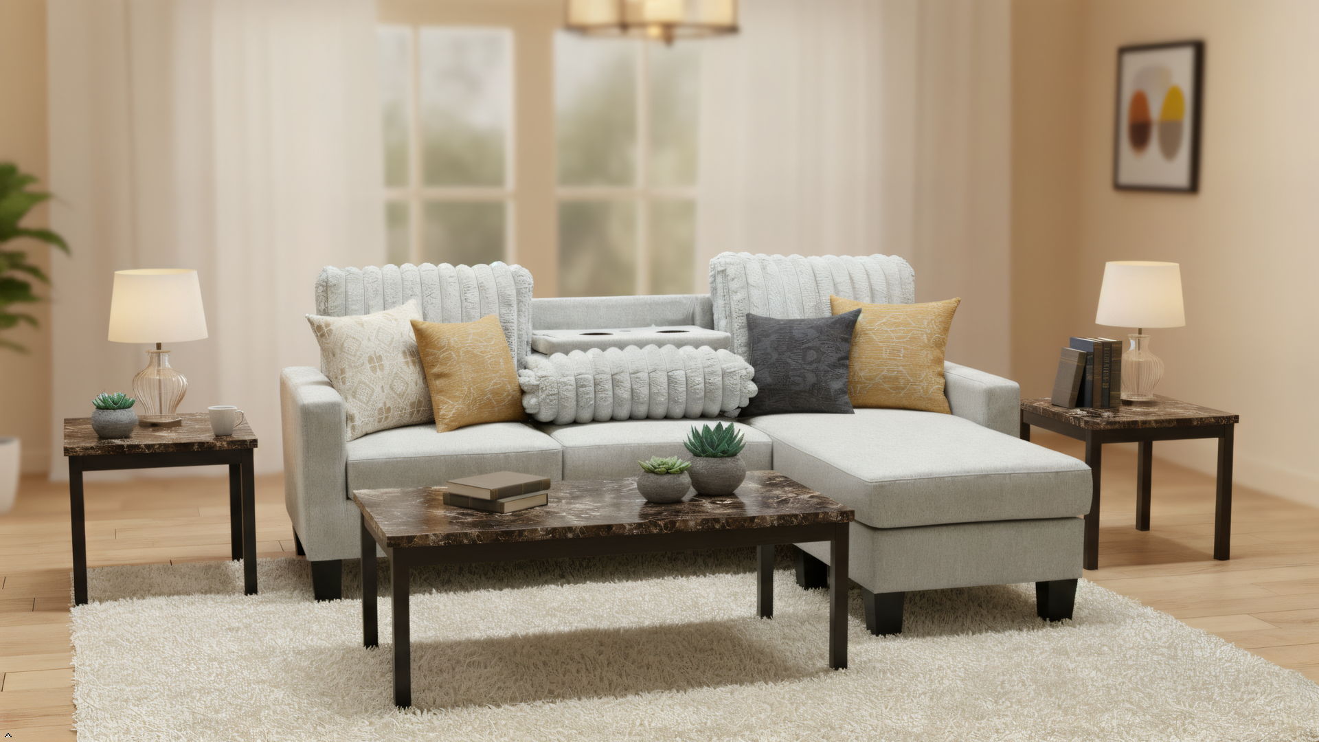 Gray sectional sofa with colorful cushions in a living room setting.