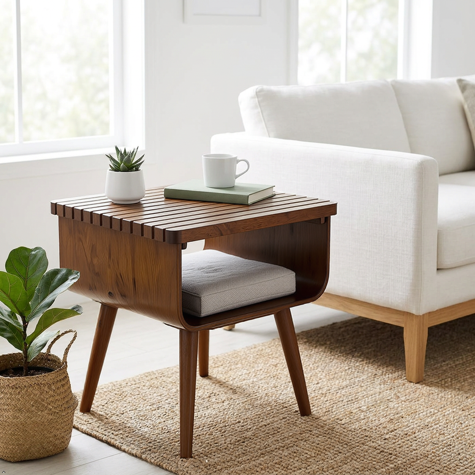 Wooden side table with a cup and book next to a white sofa in a bright room.