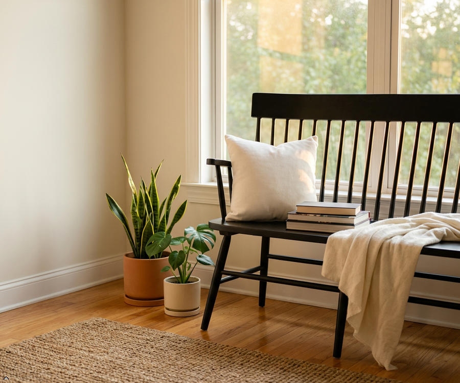 Nestled corner of a room with a black bench, white pillow, books, and plants on a wooden floor.
