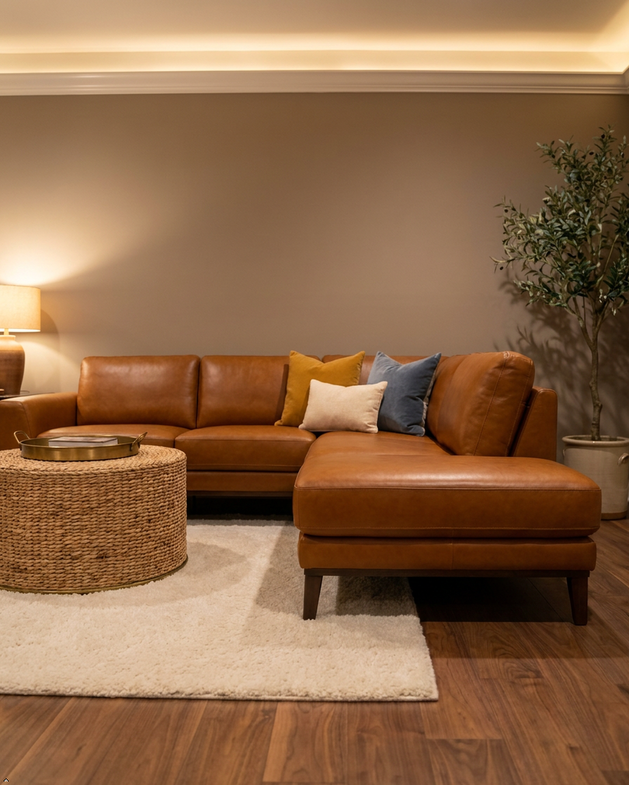 Brown leather sectional sofa with colorful cushions in a living room setting.