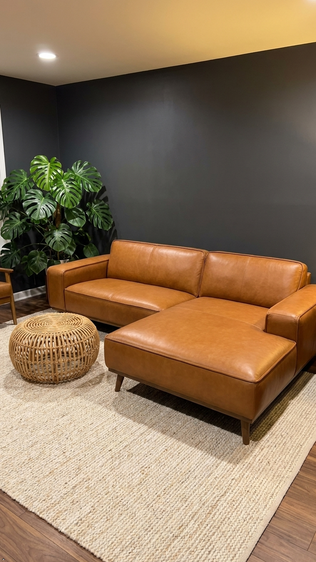 A modern L-shaped sectional sofa in warm tan leather with a chaise lounge, styled in a living room setting on a woven jute rug with a round wicker ottoman and a dark gray wall background.