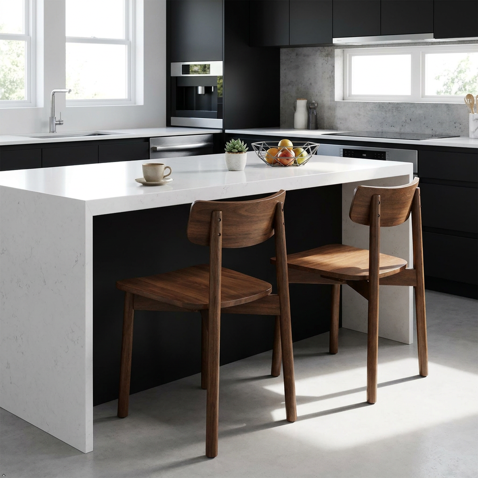A modern kitchen island with a white stone-look top and black cabinetry, paired with two wooden dining chairs in a bright, contemporary kitchen setting.